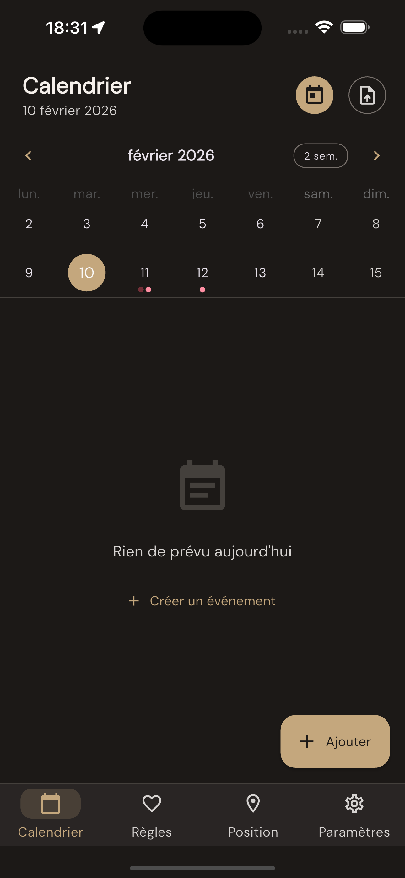Aperçu du calendrier partagé dans l’application Nous Deux